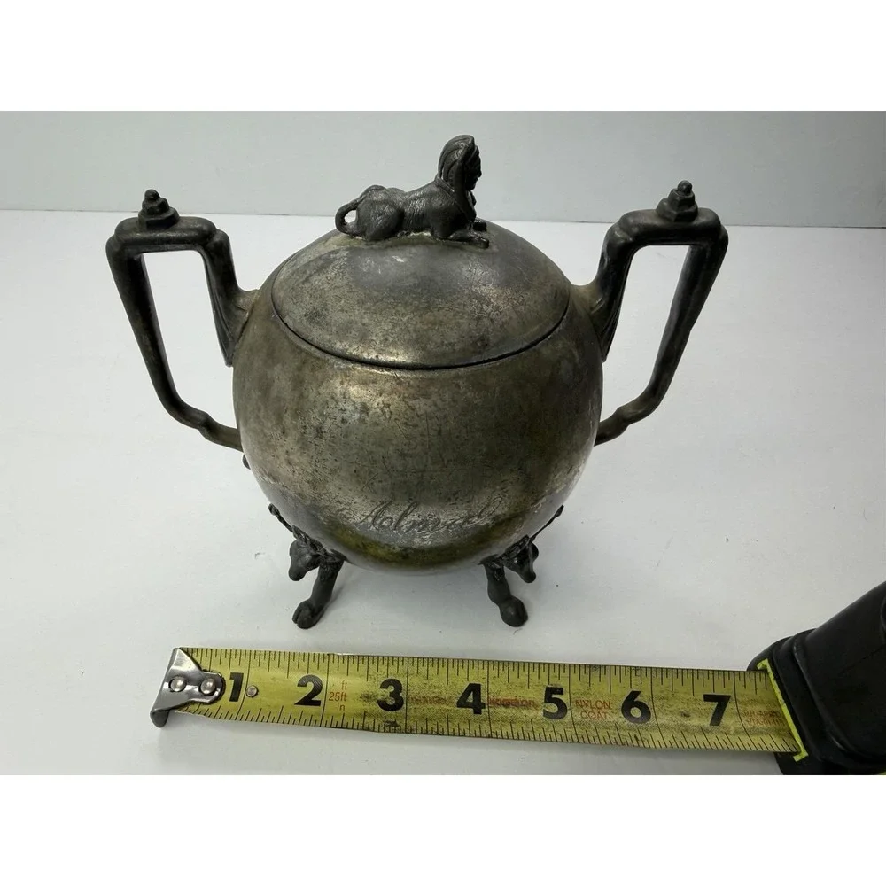 Antique Simpson Hall Miller Sphinx Deer Heads Silver Plate‎ Sugar Bowl Engraved